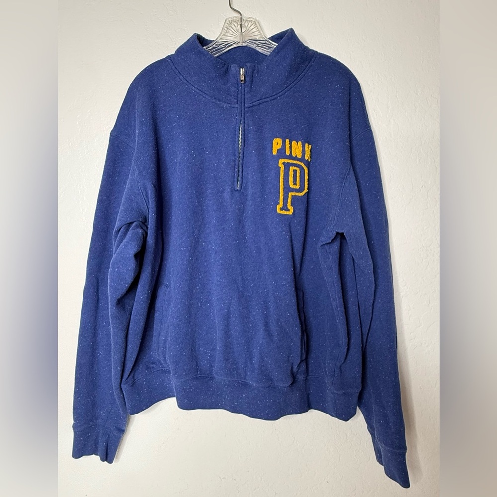 Victorias Secret PINK Blue Sweatshirt Women’s Size L Logo 1/4 Zip Collar‎ Y2K